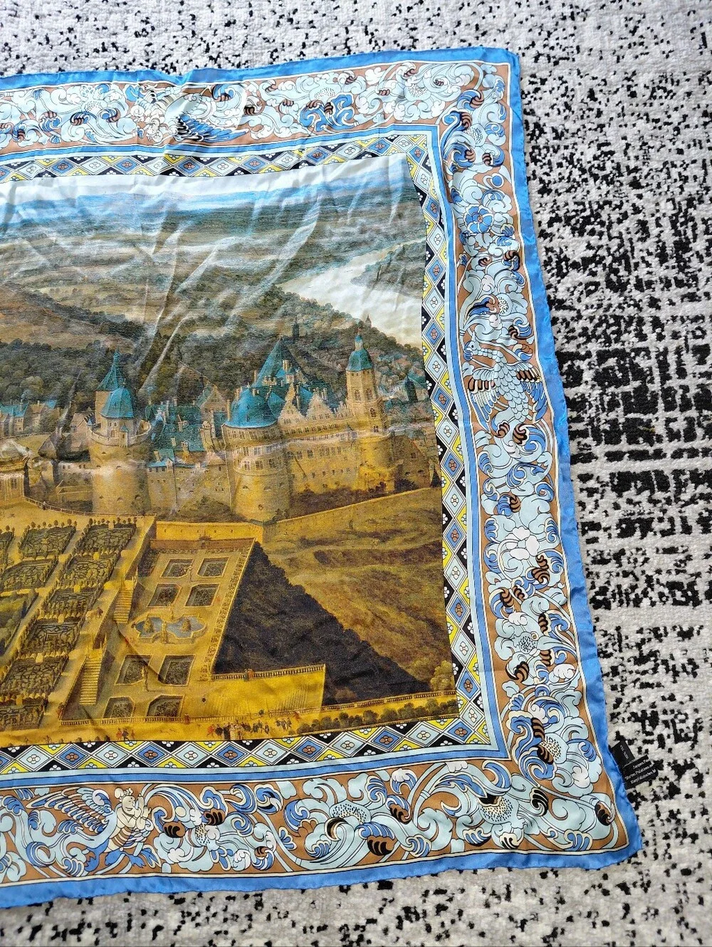 Vintage Heidelberg Castle 100% Silk Scarf 34x34 Blue Baroque Germany Travel CC